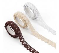 3 Rolls Self-Adhesive Lace Tape, Cotton Washi Trim Stickers, 1.6cm Wide 2 Yards per Roll, Decorative Lace Ribbon for DIY Crafts Scrapbooking Card Making Gift Wrapping (Beige, White, Coffee)