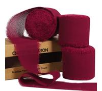 3 Rolls Wine Red Handmade Fringe Chiffon Ribbon 1.5" x 7Yd Yard Silk-Like Colorful Rustic Ribbon for Bouquets Wrapping Decor Wedding Tie Invitations Crafts