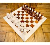 3 Roots 15" Marble Chess Set - Brown & White | Handmade Marble Chess Board Large Chess for Home Decor & Gift Set Staunton Tournament Two Players Chess Game Table Set