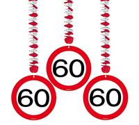 Traffic Sign 60th Party Hanging decor Pack of 3, 3 Traffic Sign Designs on foil spiral hanging decorations