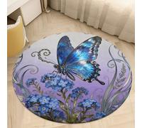 3' Round Area Rug for Bedroom Water Absorbent Coral Velvet Low Pile Floor Carpet Thin Non-Slip Backing Blue Morpho Myosotis Throw Rug Washable Bathroom Mat for Tub Shower Toilet