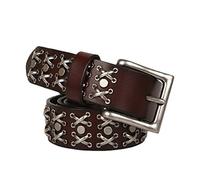 3-Row Snap-on Studded Belt - Punk Rock Goth Rivet With Silver Cross & Circle On Cowhide Waistband For Men & Women(Coffee,105cm/waist:35")