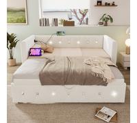 3 Seater Upholstered Bed, Pull Out Sofa Bed with Removable Trundle & Fast Charging Ports, Velvet Fabric, Beige Aosom UK