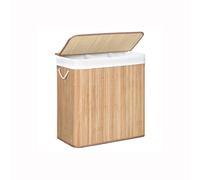 SONGMICS LCB091N01 Laundry Basket, 150 L Laundry Basket, 3 Compartments Sorting Compartments, Bamboo Lid, Handles, Foldable, Removable Machine Washable Bag, for Laundry Room, Bedroom, Wood Colour