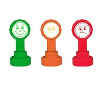 3 Self-Inking Teacher Stampers. 3 Faces (Happy, Sad, Indifferent), Traffic Light Assessment Colours (Red, Orange, Green)^
