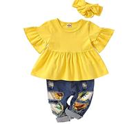 3 Set Baby Girl Bell Sleeve Top Sunflower Patch Jeans Pants Headband Cover Girls Spring Autumn Outfit for Girls (C, 18-24 Months)