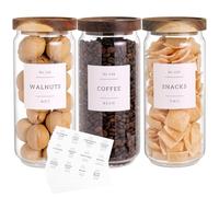 3 Set Glass Pantry Storage Jars with Acacia Airtight Lid - 35oz Thicken Glass Kitchen Canisters with 132 Pantry Labels - Clear Food Storage Containers with Wood Lid for Tea,Sugar,Cookie,Pasta