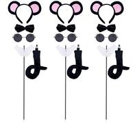 3 Set Mice Costume Accessories, Plush Mouse Ears & Tail Blind Cane Sunglasses Bow Tie Gloves for Women Family Halloween Party, Black, Standard