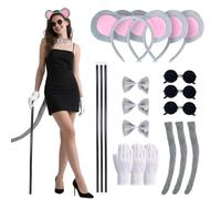 3 Set Mice Costume Accessories, Plush Mouse Ears & Tail Blind Cane Sunglasses Bow Tie Gloves for Women Family Halloween Party, Grey, Standard