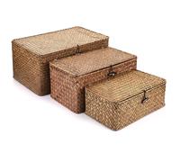 3 Set Natural Seagrass Handwoven Wicker Storage Baskets Household Organizer Large Rectangular