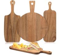 3 Set of Acacia Wood Chopping Boards with Handle, Wooden Serving Board | Wooden Square & Round Cutting Board Paddle for Kitchen Charcuterie Cheese Meat Fruit Pizza Bread Baking
