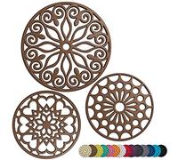 3 Set Silicone Trivet Mats with 1 Extra Large Included | Intricately Carved Insulated Flexible Durable Non Slip Thick Round Premium Trivets for Hot pots and Pans | Brown Sugar