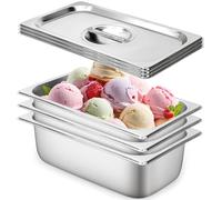 3 Set Steam Table Hotel Pans with Lids, Stainless Steel Metal Tray Sets Food Storage Container, Restaurant Chafing Dishes Commercial Buffet Warmer Catering Supplies, 10 cm Deep