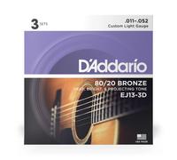 D'Addario Acoustic Guitar Strings EJ13-3D - 80/20 Bronze Custom Light 11-52 for 6-String, 3-Pack