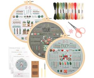 3 Sets Embroidery Kit for Beginners Embroidery Starter Kit Floral Embroidery Patterns Beginners Embroidery Kits for Adults with Detailed Instruction Manual Threads Hoops Needles Scissors Fabric