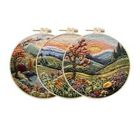 3 Sets Embroidery Starter Kit for Adult Beginner with Landscape Tree Mountain River Floral Nature Scenery Pattern Hand Embroidery Set DIY Cross Stitch Kits with Hoops Needles Threads