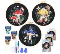 3 Sets Mushroom Embroidery Kit Embroidery Kit for Beginners Beginners Embroidery Kit Flower Stamped Embroidery Starter Kit with Embroidery Hoops and Needles Threads with Butterfly with Instructions