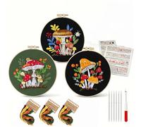 3 Sets Mushroom Embroidery Kit for Beginners Adults, Modern Forest Fungi Stamped Cross Stitch Kit with 20cm Bamboo Hoop, Color Threads, Needles & Instructions, DIY Art Craft Gift for Women
