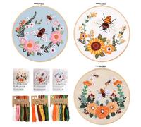 3 Sets of Embroidery Kits for Beginners, DIY Embroidery Starter Kit with Flowers Bee Pattern, Full Range of Embroidery Kits to Learn with Embroidery Hoops and Cloth, Color Threads Tool and Instruction