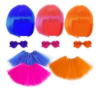 3 Sets Women Tutu Skirt 1980s Costume Accessories 5 Layered Colored Tutus Dress for Women Halloween Party (Tutu with Matching Wig and Heart-Shaped Sunglasses)