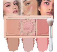 3-Shade Powder Blush Palette, Milk Tea Brown, Rosy Pink, with Brush | Divided peach case, light-reflective finish, adds ch olour and warmth, for daily make-up at home and travel touch-ups