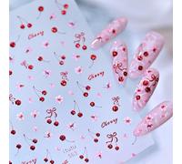 3 Sheet Cherry Nail Art Stickers, 5D Embossed Self-Adhesive Fruit Decals Pink Flower Spring Summer Mini Cherry Design Manicure Supplies for Women DIY Decoration Accessories
