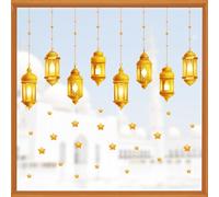 3 Sheets Gold Eid Mubarak Window Stickers Double-Sided Star Lantern Ramadan Window Clings Stained Glass Clings Eid Mubarak Window Decorations Ramadan Decorations