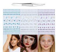 3 Sheets Iridescent Pearl Face Gems with Tweezer - Self Adhesive Moon, Star and Butterfly Rhinestone Stickers in Blue, Purple, White for Party Makeup, Hair, Nails and Decorations