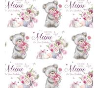 3 Sheets Mother's Birthday Wrapping Paper, Cute Bear Flower Gift Pattern Paper Gifted for Mum Birthday Present