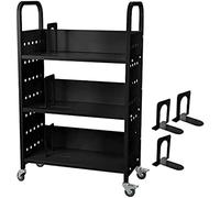 3-Shelf Rolling Library Cart - Double-Sided W-Shaped Design with Lockable Wheels - Versatile Book Trolley for Home Office & School - Black L-Shaped Storage Solution