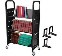 3-Shelf Rolling Library Cart Double-Sided W-Shaped Sloped Shelves Lockable 4-Inch Wheels Versatile Book Truck for Home Office & School - V-Shaped Black Bk Cart