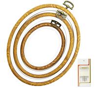 3 Sizes Imitated Wood Display Oval Round Embroidery Hoop Set Plastic Circle Cross Stitch Hoop Rings for DIY Craft Sewing,Including 16pcs Gold Eye Sewing Needles