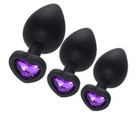 3 Sizes Silicone Anal Plug Set with Heart Shaped Jewel Base - Progressive Training Butt Plug for Beginners and Couples - Light Blue Adult Toy (Deep Purple)