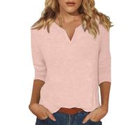 3/ Sleeve Tops for Women Summer Notched V Neck Plain T-Shirts Casual Cute Three Quarter Length Blouses Compression Shirt Women (Pink, XXL)