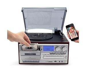 3 Speed Adjustable Vinyl Record Player with Bluetooth, CD, Cassette, FM/AM Radio, USB/SD Playback, AUX Input, Headphone & Audio Output, Vintage Phonograph for Home Decoration,A