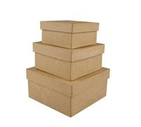 3 Square Shaped Boxes Craft Storage Brown Paper Mache Hand Made 10 x 12.5 x 15cm