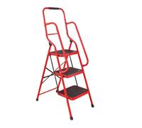 3 Step Folding Safety Ladder with Handrail Silver/Red | Anti-Slip Treads & Feet H146 x W9 x D51cm (Red)