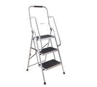 3 Step Folding Safety Ladder with Handrail Silver/Red | Anti-Slip Treads & Feet H146 x W9 x D51cm (Silver)