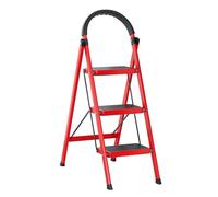 3 Step Ladder, 150KG Max Capacity, Extra Wide Pedal, Secure Handrail Compact, Easy to Store, Folding Step Stool Portable Design for Home, Kitchen, Office, Pantry (Red)