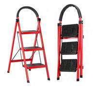 3 Step Ladder, 35.43'' High Small Step Ladder with Safety Handrail and Anti-slip Planform, Lightweight Folding Sturdy Ladder For Home, Office and DIY Projects 330LBS Capacity (Red)