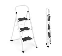 3 Step Ladder | Portable Folding Ladders | Lightweight Sturdy Steel Ladder | Anti Slip Feet | Non-Slip Safety Treads | Easy to Store Step Stool | DIY Gardening Kitchen Garage | 150kg Capacity, White