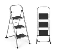 3 Step Ladder, Portable Folding Step Ladder Lightweight Sturdy Steel Ladder with Anti Slip Feet, Easy to Store Step Stools for DIY and Gardening, 150kg Capacity,Grey