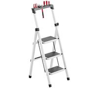 3 Step Ladder, Portable Steel Folding Stool with Tool Platform, Wide Anti-Slip Pedal and Anti-Slip Feet for Household, Office, Iron Construction 150kg Capacity Step Ladder White