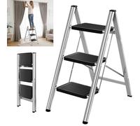 3 Step Ladder, Stainless Steel & Iron Construction, 150kg Max Load, Foldable Step Stool with 30cm Step Length, Portable for Home/Office/Kitchen