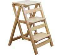 "3-Step Wooden Folding Ladder Chair - Portable Lightweight Garden Tool Thickened Library Step Stool for Adults Foldable Log Color Design"