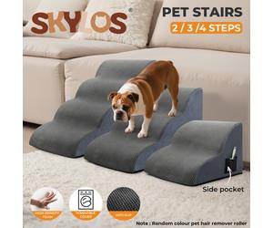 (3 Steps (57cm x 40cm x 40cm)) Skylos High-Density Foam Dog Stairs Ramp, Non-Slip Washable Cover for Bed & Sofa - Grey, 2/3/4 Step