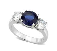 3-Stone Round Brilliant Simulated Blue Sapphire & White Cubic Zirconia CZ Engagement Ring, Hypoallergenic 316L Stainless Steel