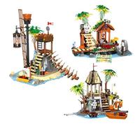 3 Styles Pirate Island Building Set, Medieval Pirate's House Building Blocks Toy with Watch Tower, Black Cays, Skull Island, Adventure Architecture Kit for Adults Kids Ages 8+ (1499 Pieces)