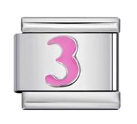 3 Three Number Age Birthday Birth Month Date Anniversary Pink Silver Italian 9mm Link Stainless Steel Bracelet Charm Compatible With Nomination 9mm Bracelet