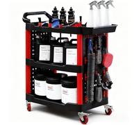3-Tier 200Kg Capacity Braked Castors Utility Tool Cart, Car Detailing Trolley On Wheels, Heavy Duty Rolling Tool Storage with Hanging Plate|Hooks|Storage Box for Garage Warehouse Valeting Mechanic